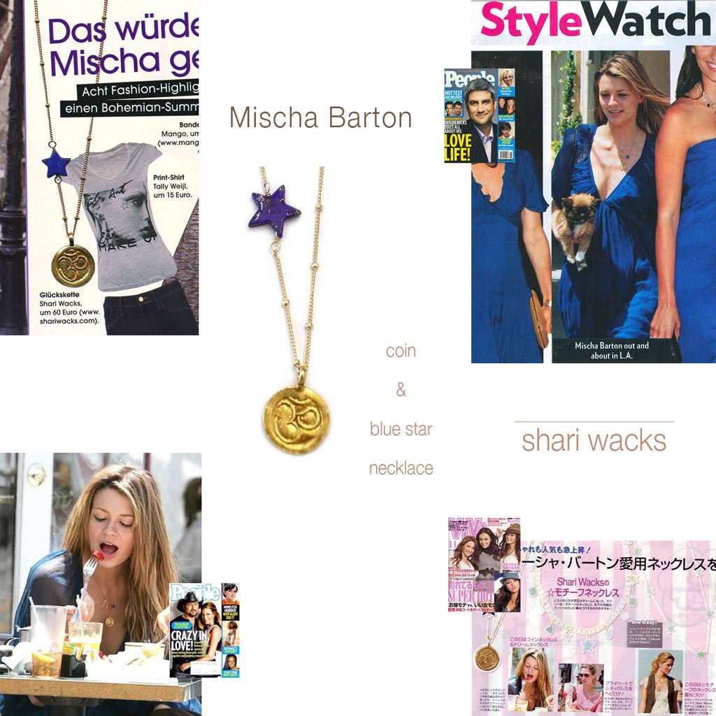 Pictures of Mischa Barton wearing original designer, Shari Wacks' lapis star with om coin necklace
