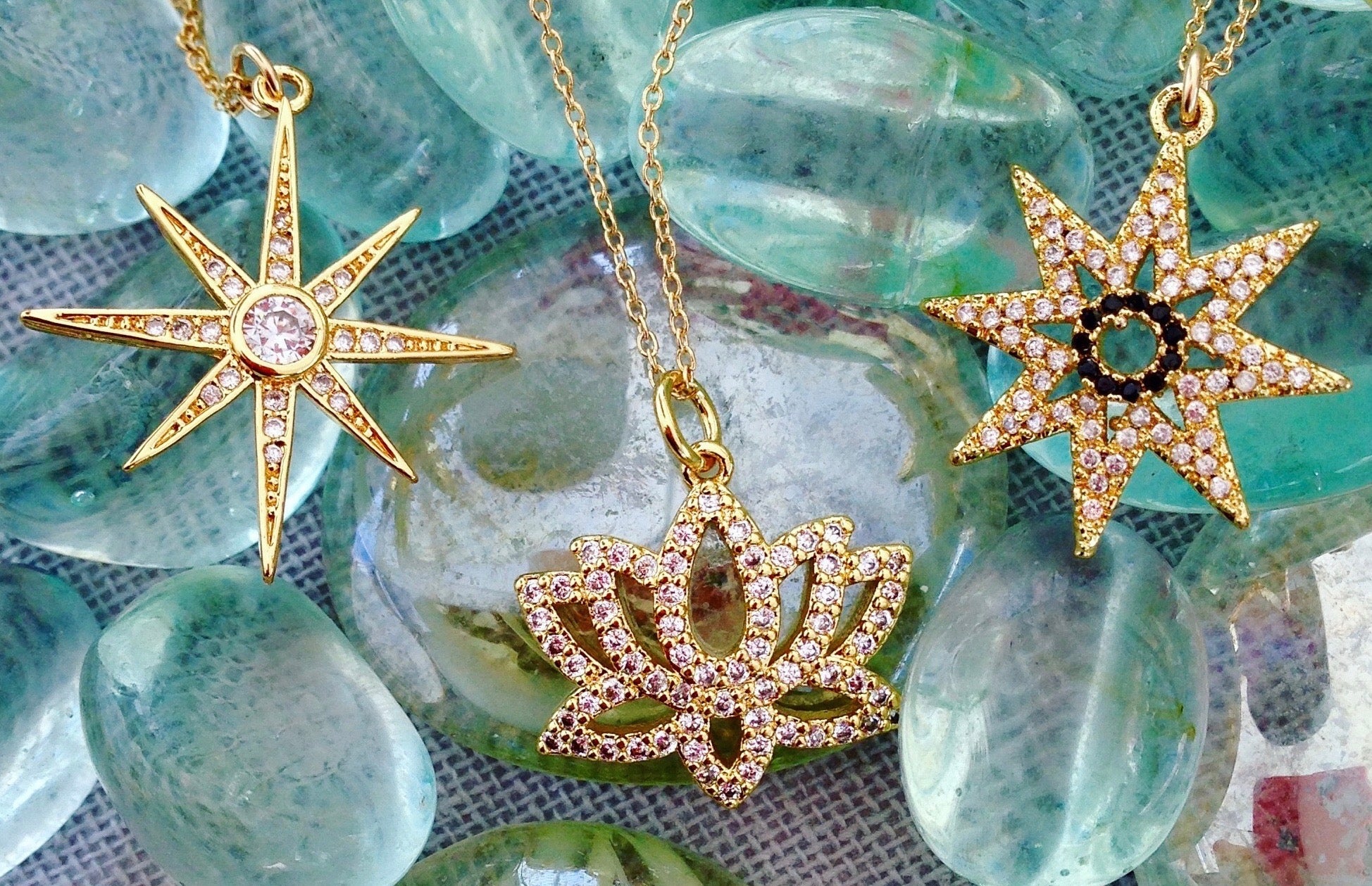 lotus flower, starburst with cubic zirconia on gold filled chain sparkle pendant