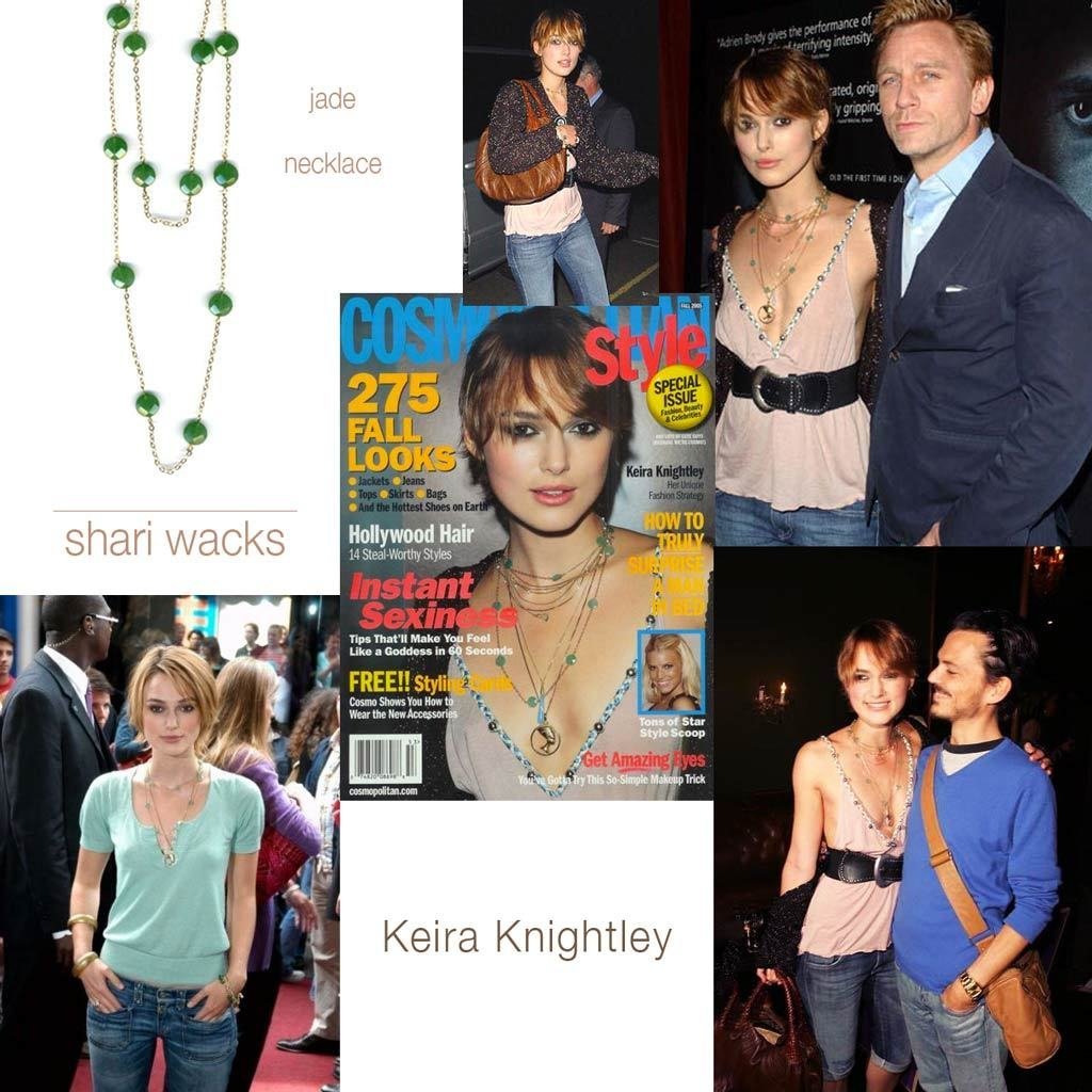 Pictures of Keira Knightley wearing original designer, Shari Wacks' long faceted jade necklace
