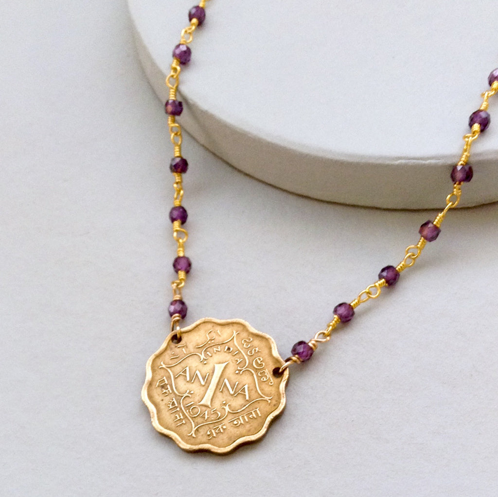 India Ornate Vintage Coin with Amethyst Necklace