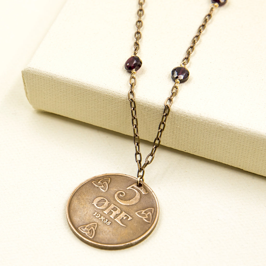 Norway Vintage Coin with Garnet Necklace