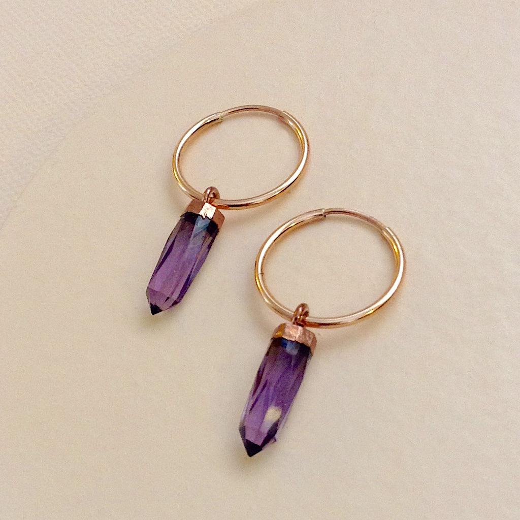 faceted amethyst point crystal rose gold hoop trendy earring