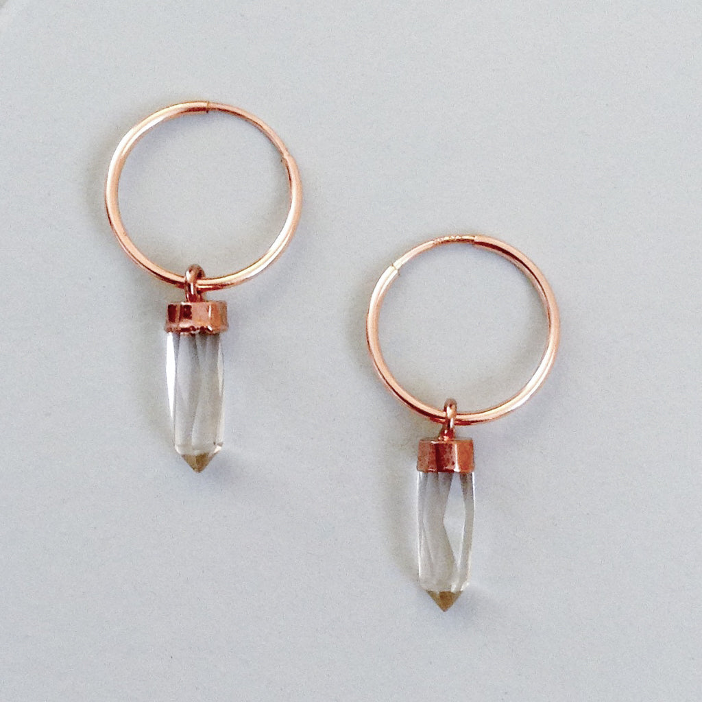 clear crystal quartz point rose gold trendy hoop earring
