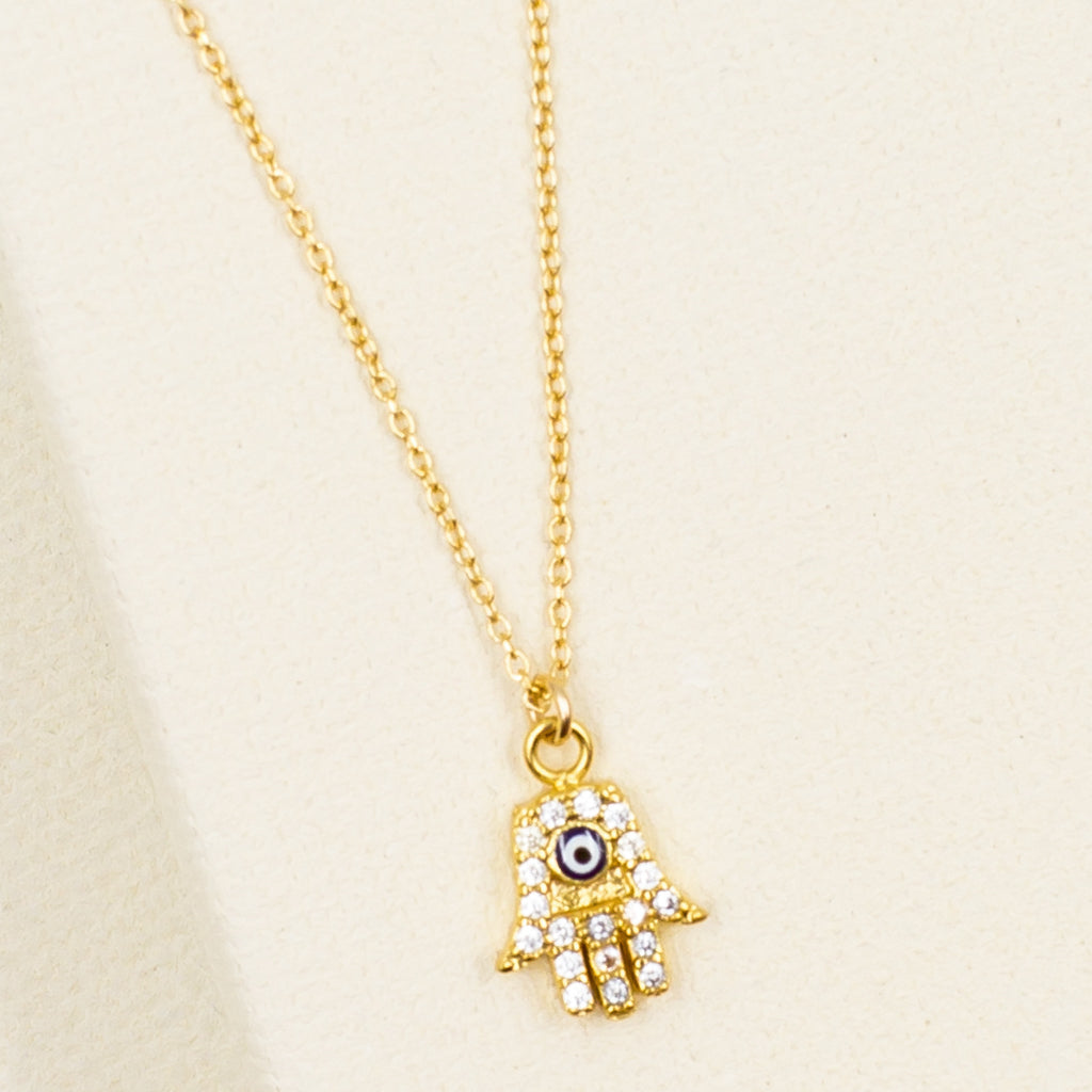 delicate dainty hamsa with cubic zirconia crystal and enamel evil eye gold pendant necklace