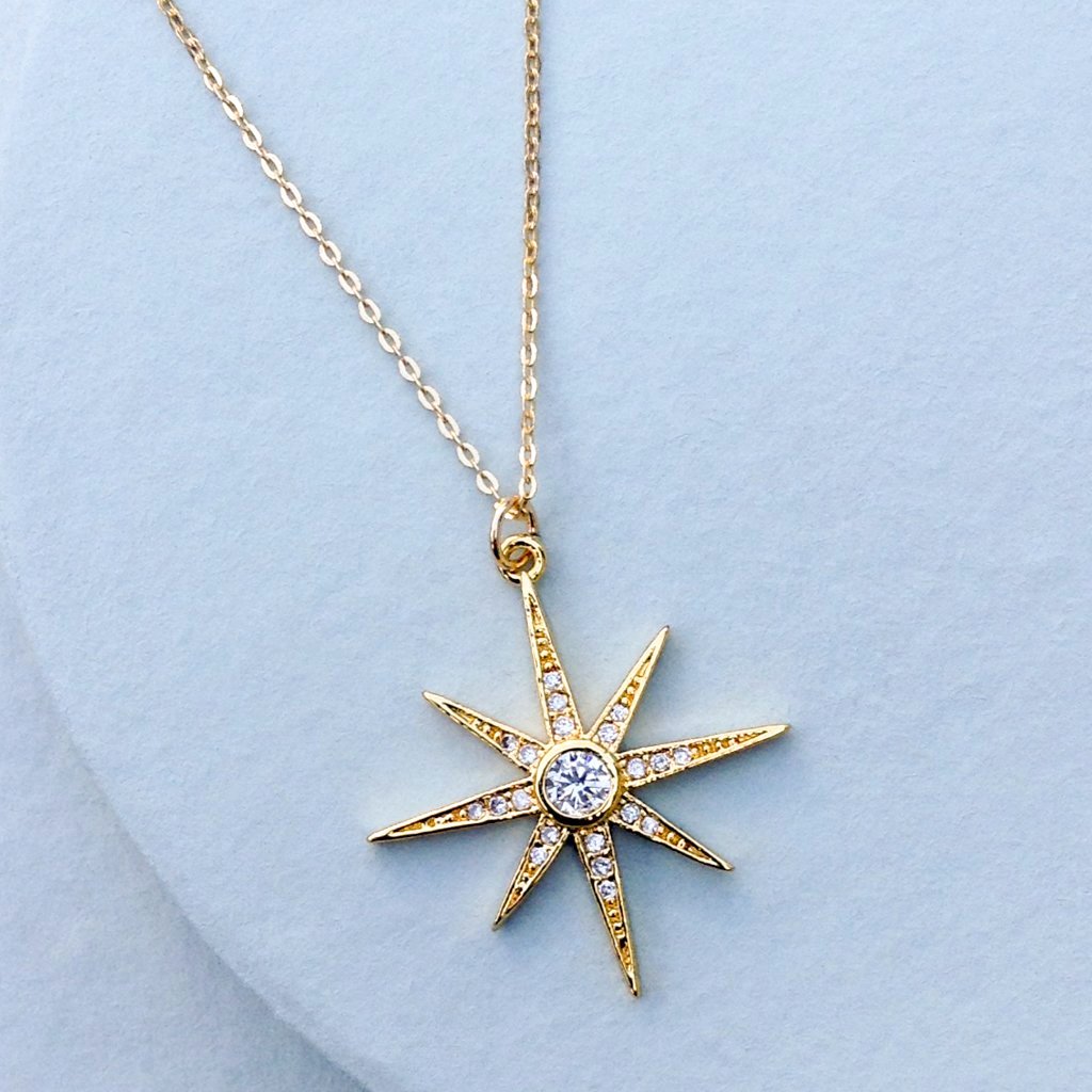 gold and cubic zirconia star starburst pendant chain holiday necklace