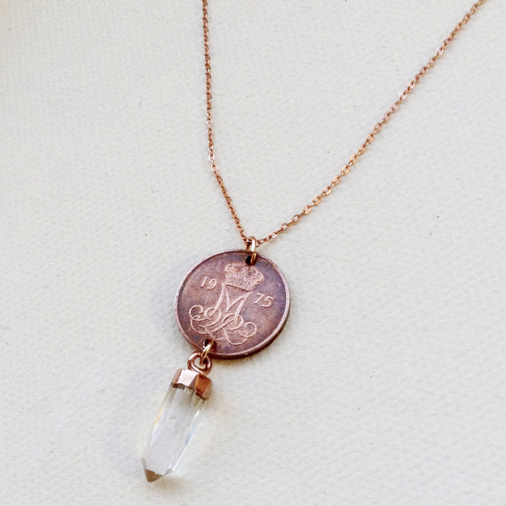 copper antique vintage danish coin crystal quartz point gold pendant chain necklace