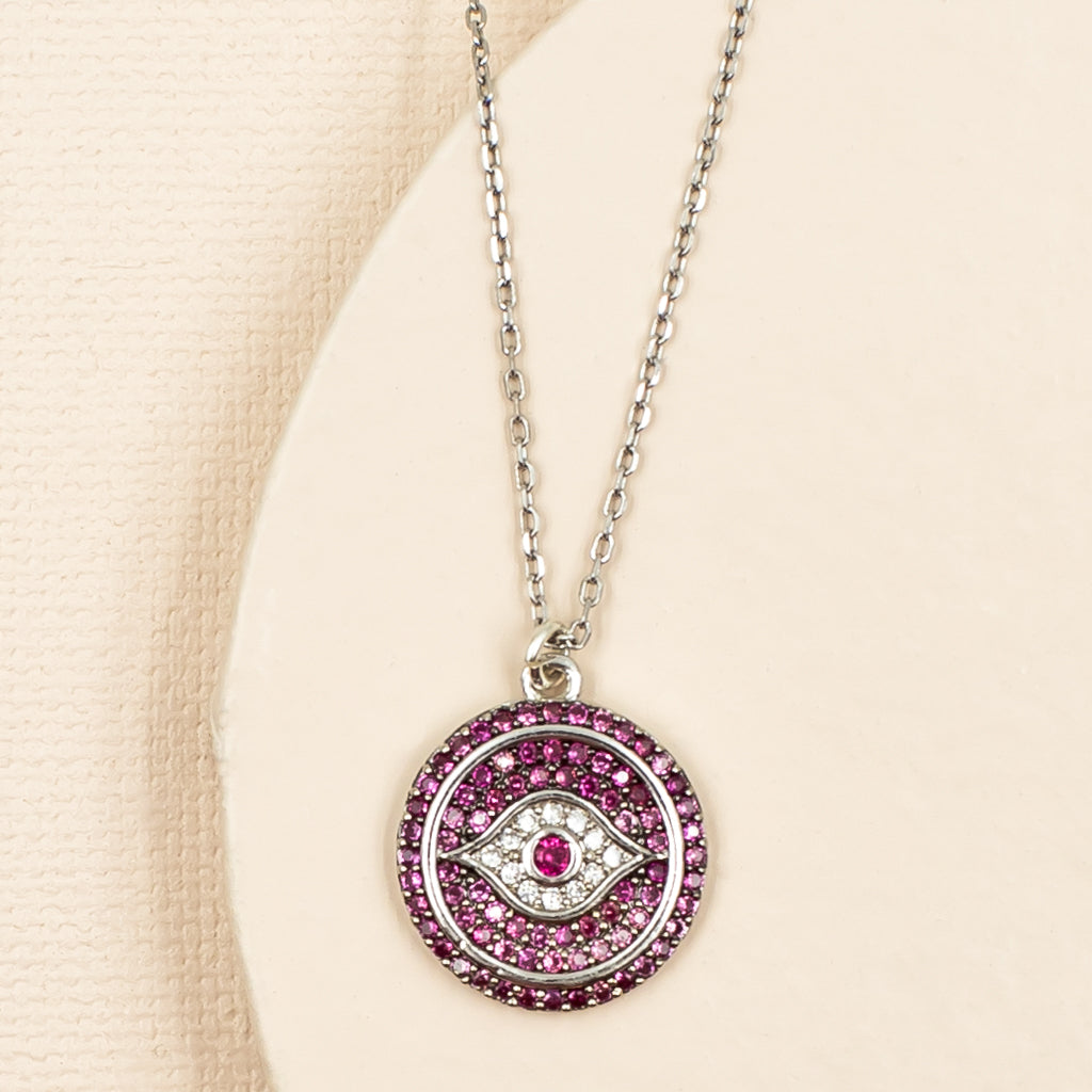 Silver and Fuchsia Evil Eye Necklace