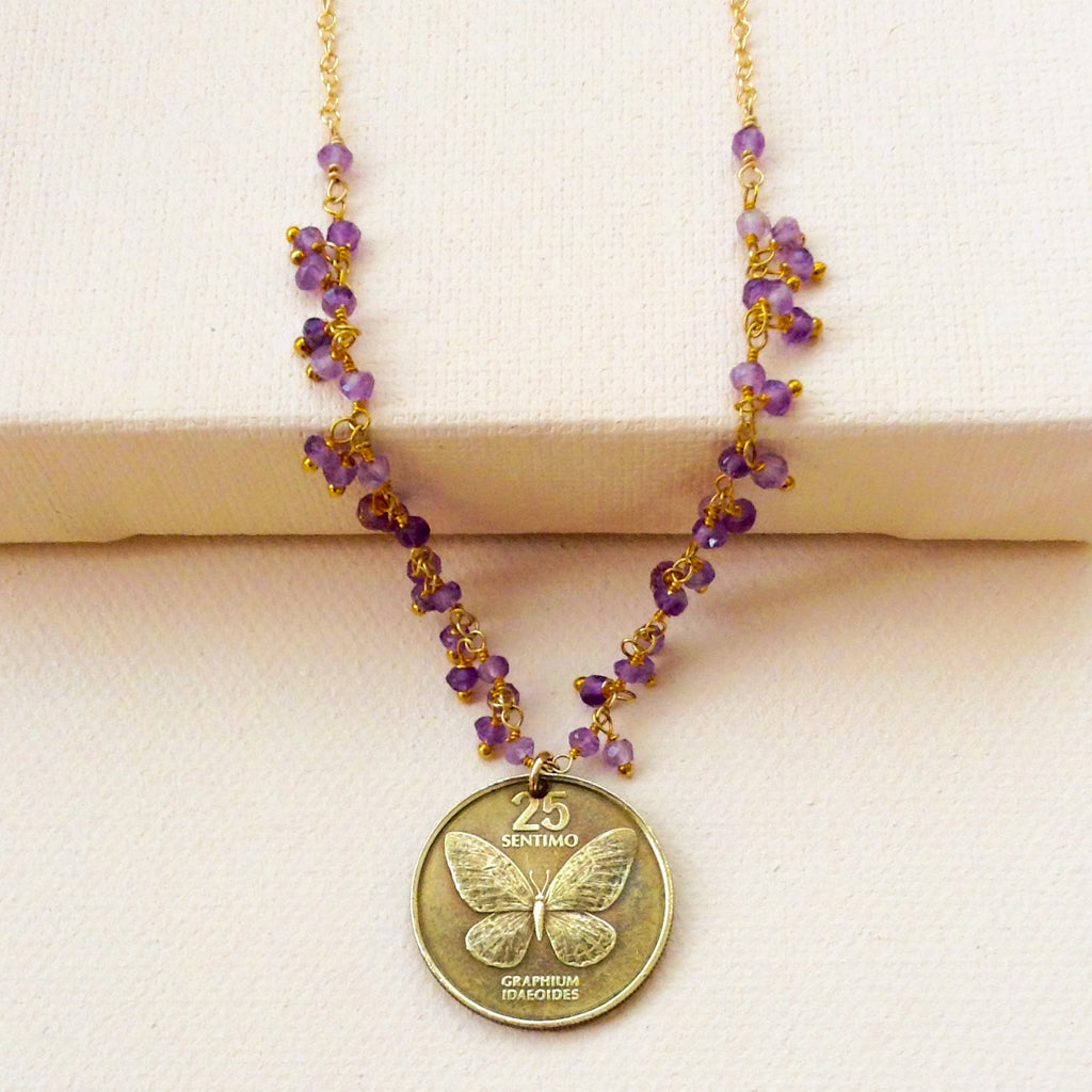 vintage antique butterfly coin pendant phillippines with amethyst necklace 