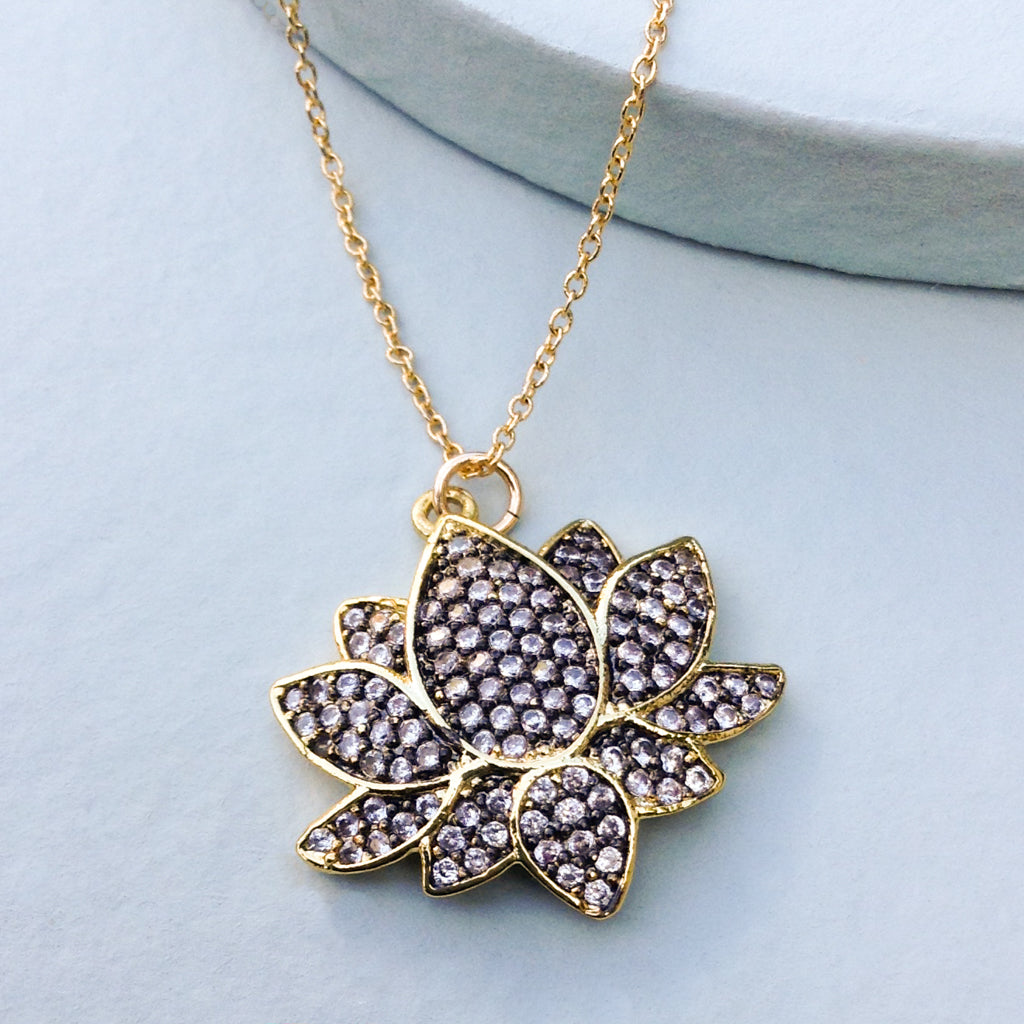 Enlightened cubic zirconia lotus flower meditation pendant necklace