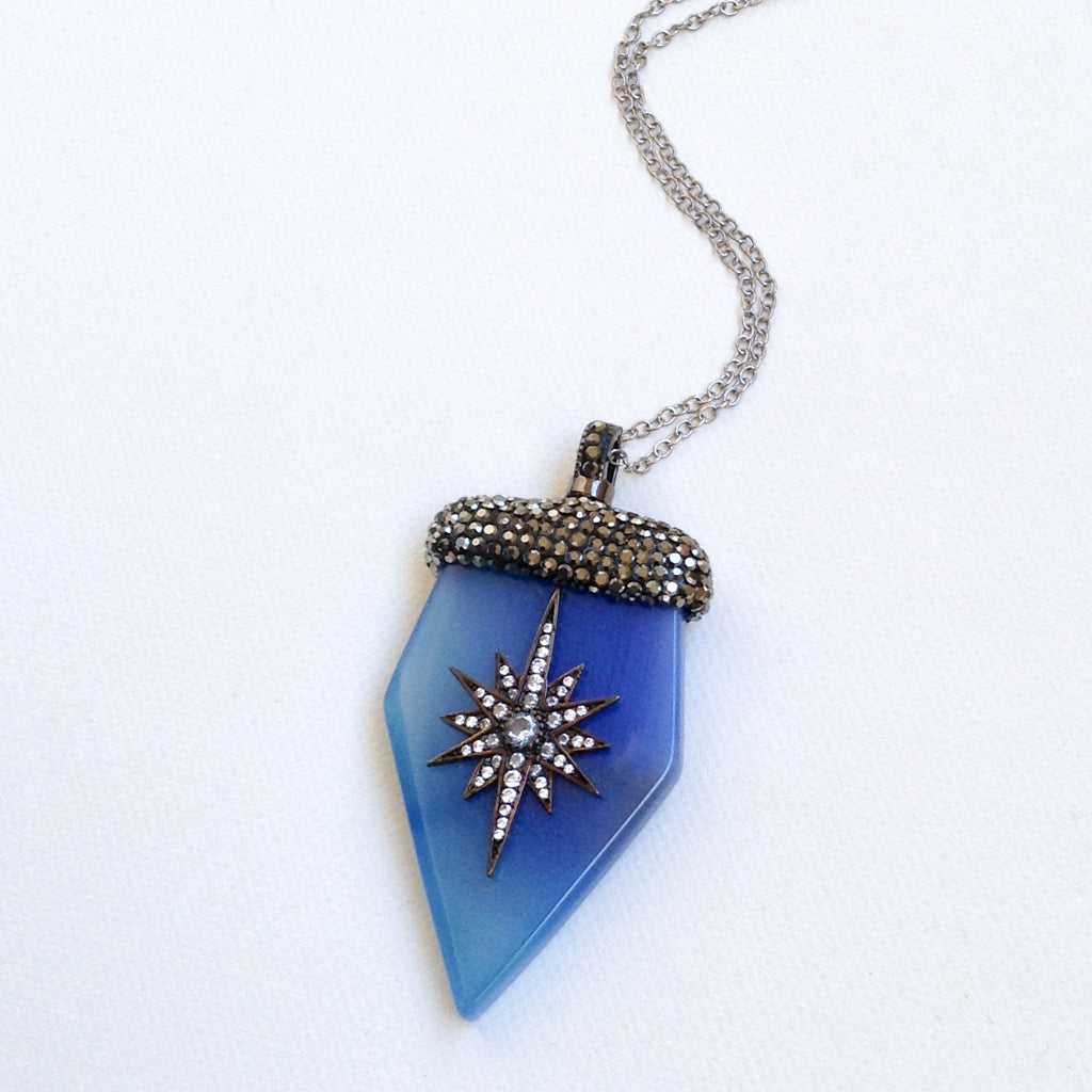 vintage antique silver blue agate star cubic zirconia chain pendant necklace