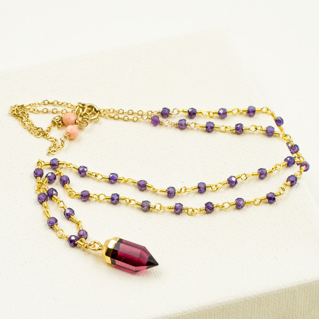 Fuchsia Quartz Pendant with Purple Zircon Necklace