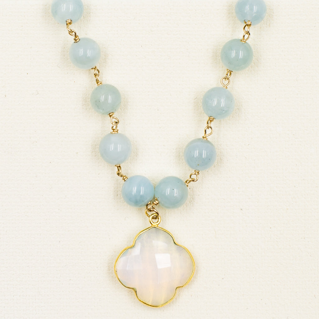 faceted milky white gold chalcedony clover quadrafoil pendant on aquamarine bead classic style necklace
