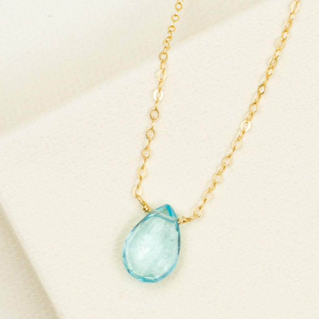 faceted blue quartz stone on gold filled chain necklace