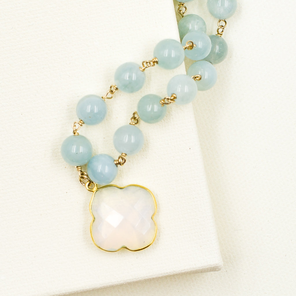 faceted milky white chalcedony clover quadrafoil pendant on aquamarine bead classic style necklace