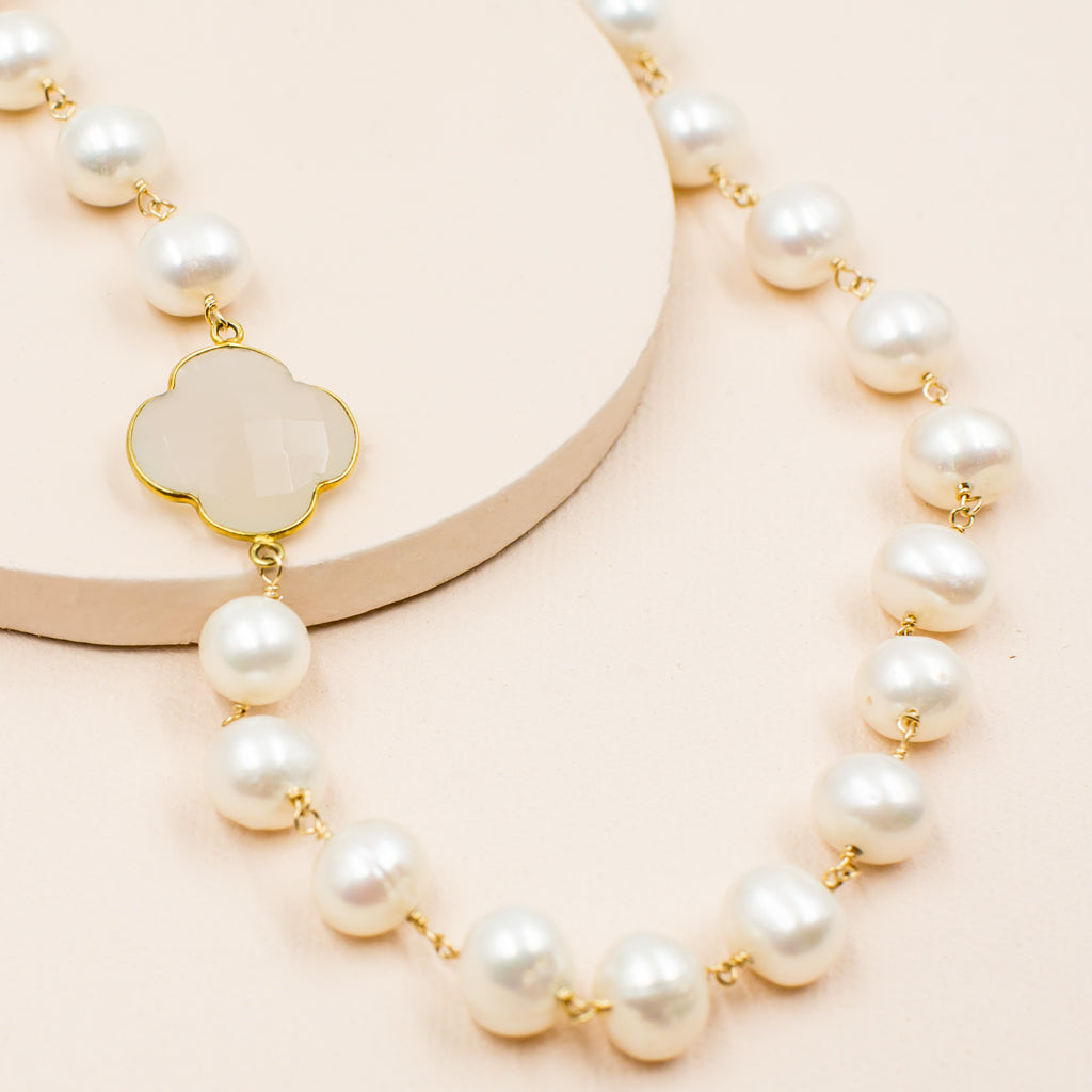 faceted milky white chalcedony clover quadrafoil pendant on freshwater white pearl bead classic style necklace