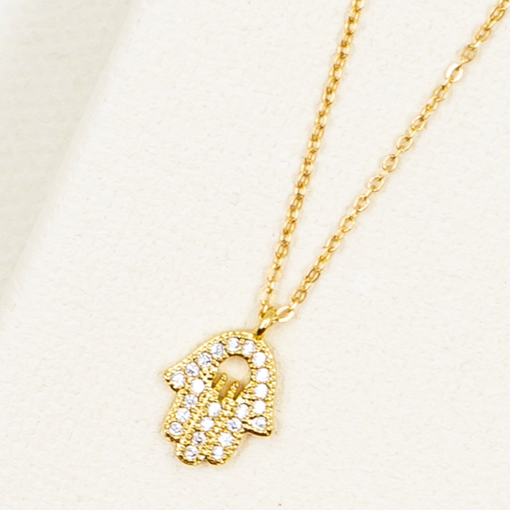 dainty delicate cubic zirconia crystal hamsa gold pendant necklace with chain