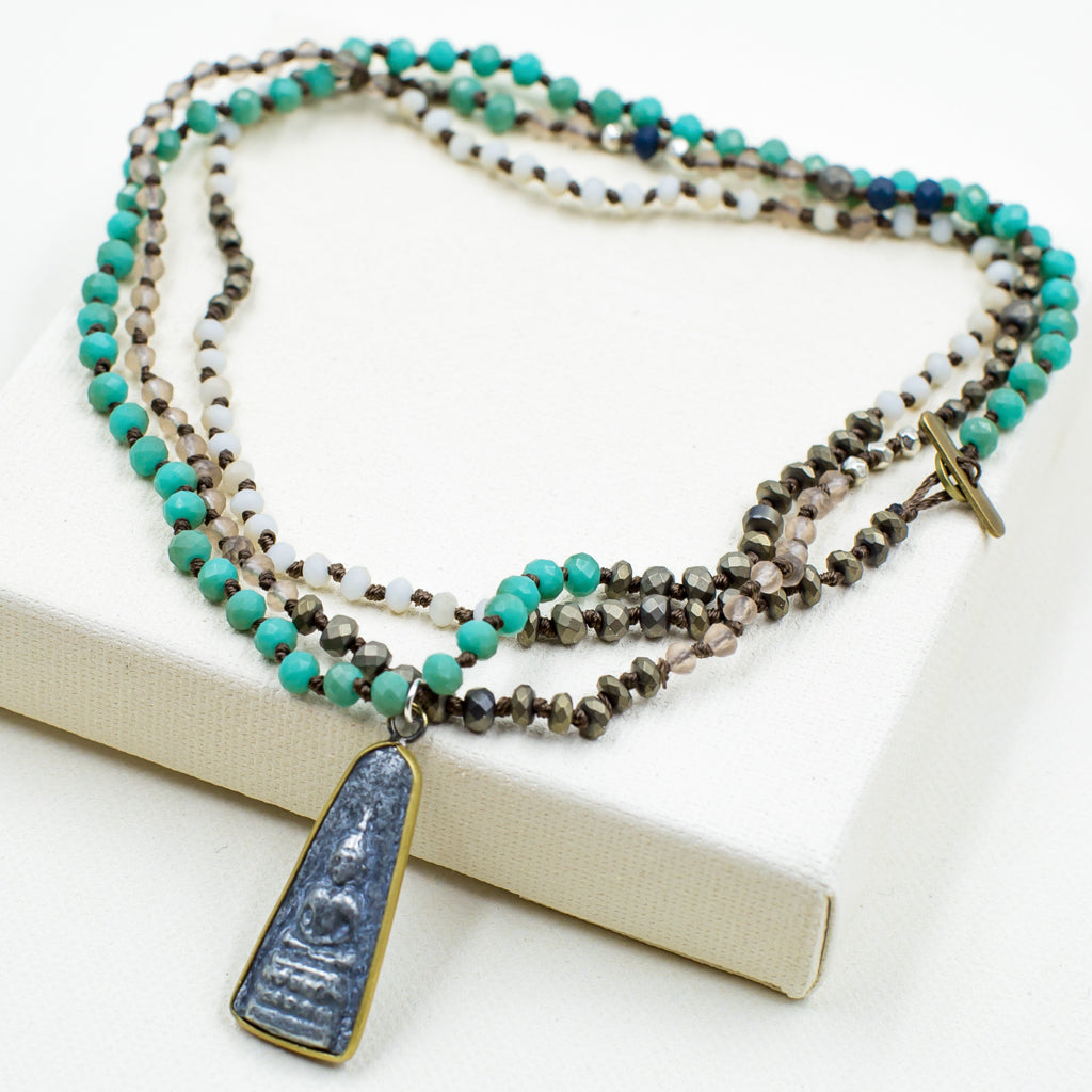 Teal Long Necklace with Meditating Buddha