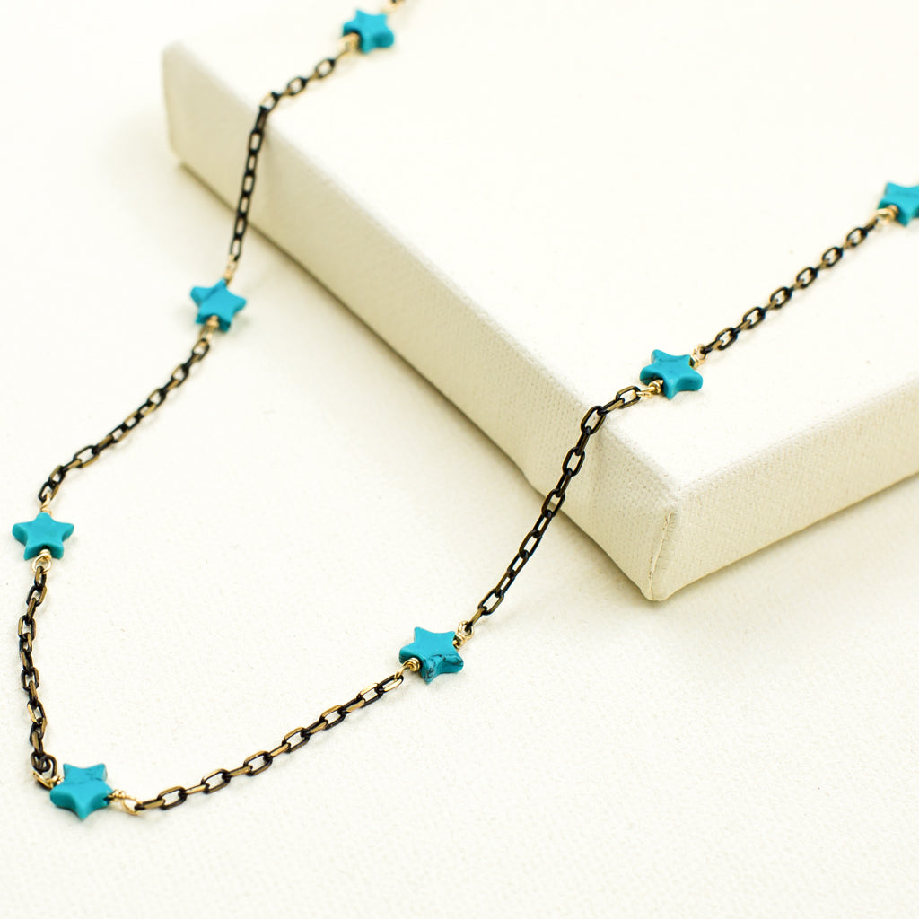 Turquoise Stars on Black &amp; Gold Chain Necklace