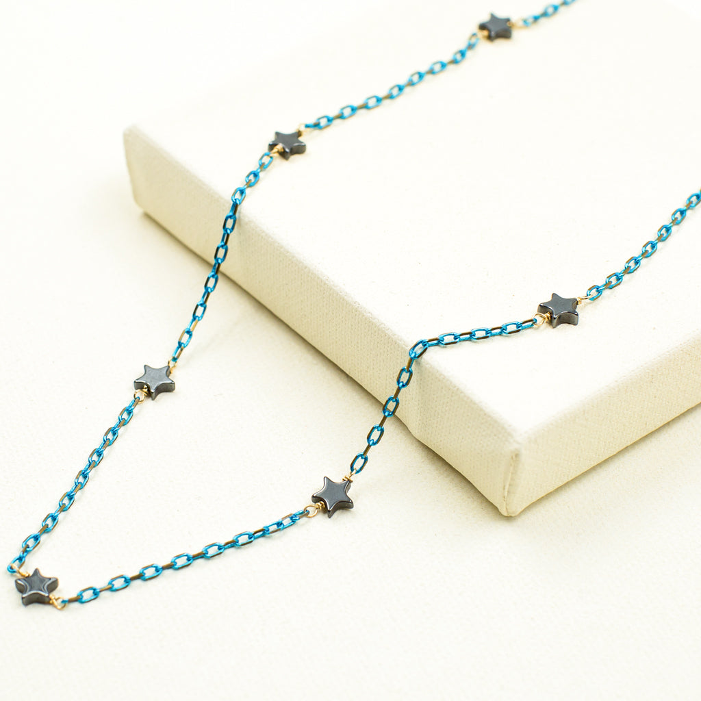 Hematite Stars on Turquoise &amp; Gold Chain Necklace